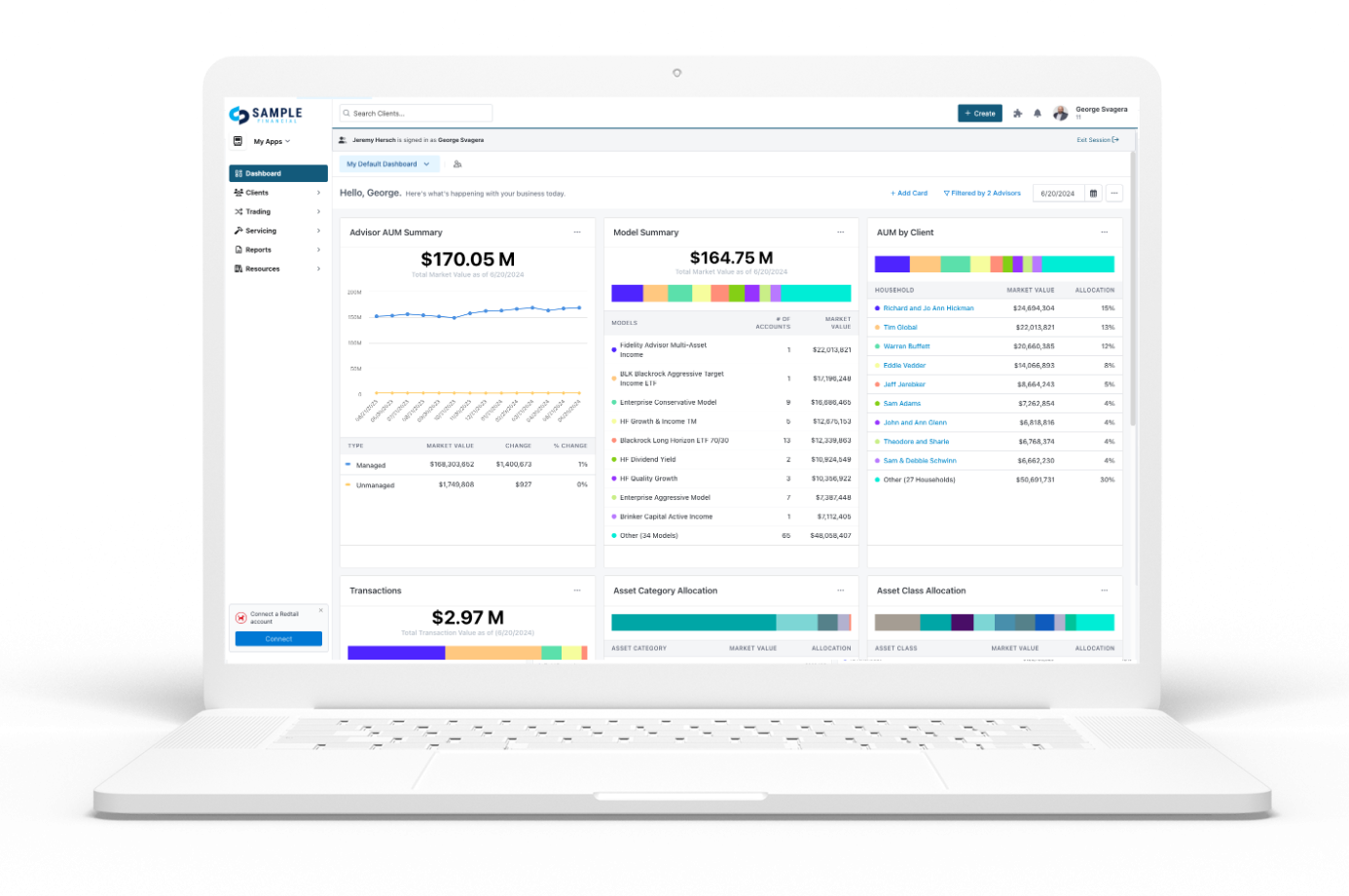 Orion Advisor Portal dashboard with AUM summary, model exposure, client distribution, and allocation widgets