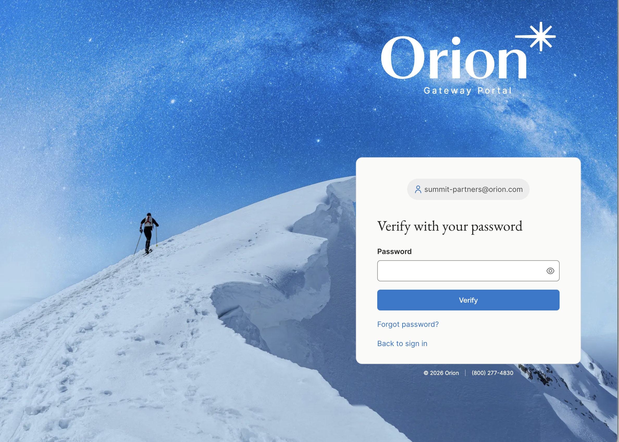 The Orion Gateway Portal sign-in screen, where a firm administrator signs in to manage access.