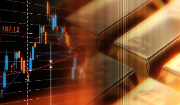 A graph representing the stock market on the left fades into an image of gold bars on the right. 