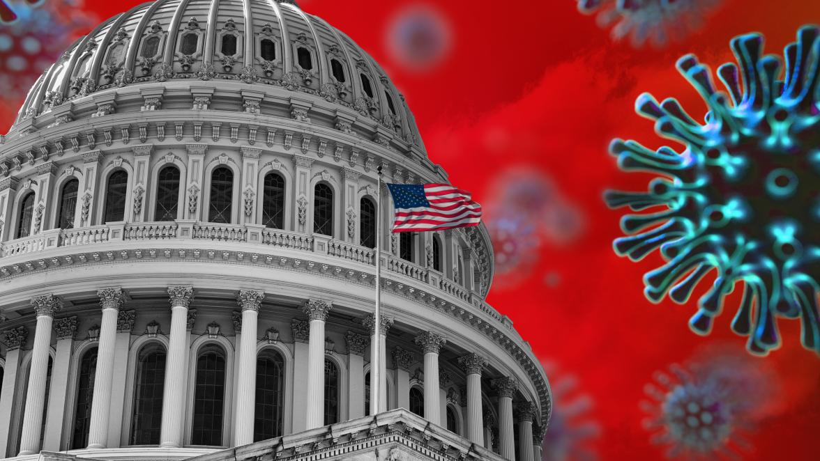 United States Flag US Goverment Capitol State Building during Covid19 2020 novel coronavirus Pandemic, 3d virus medical model, Washington DC, USA