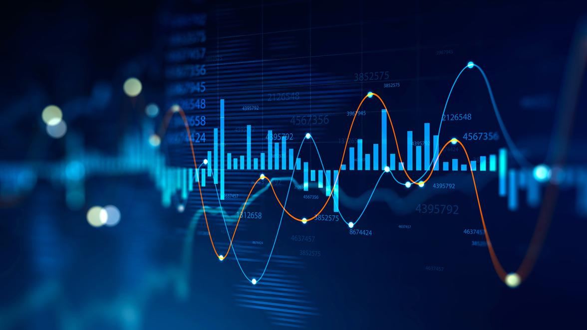 Futuristic HUD digital graph interface over blurry dark blue background. Concept of stock market and trading. 3d rendering double exposure