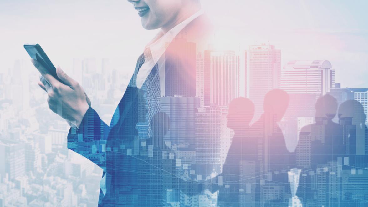 Double Exposure Image of Business Communication Network Technology Concept - Business people using smartphone or mobile phone device on modern cityscape background.