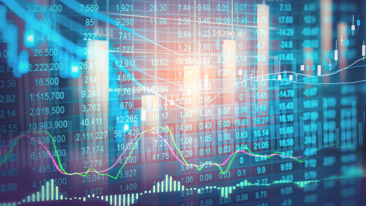 Stock market indicator and financial data view from LED. Double explosure financial graph and stock indicator including stock education or marketing analysis. Abstract financial indicator background.