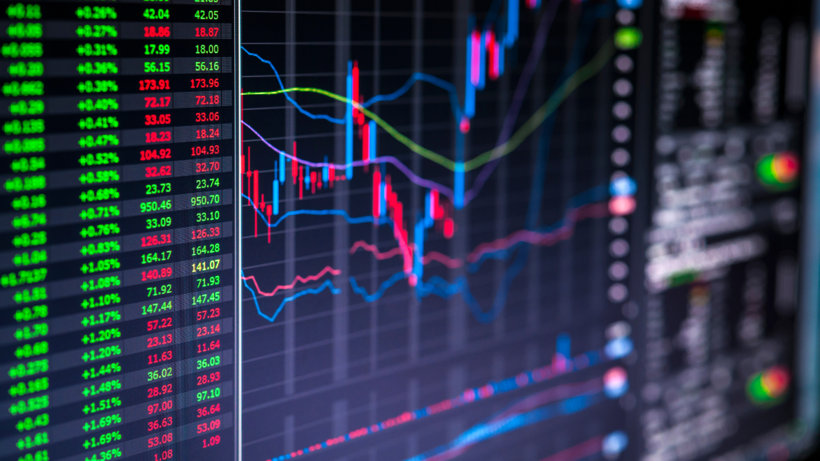 Stock market tickers and chart