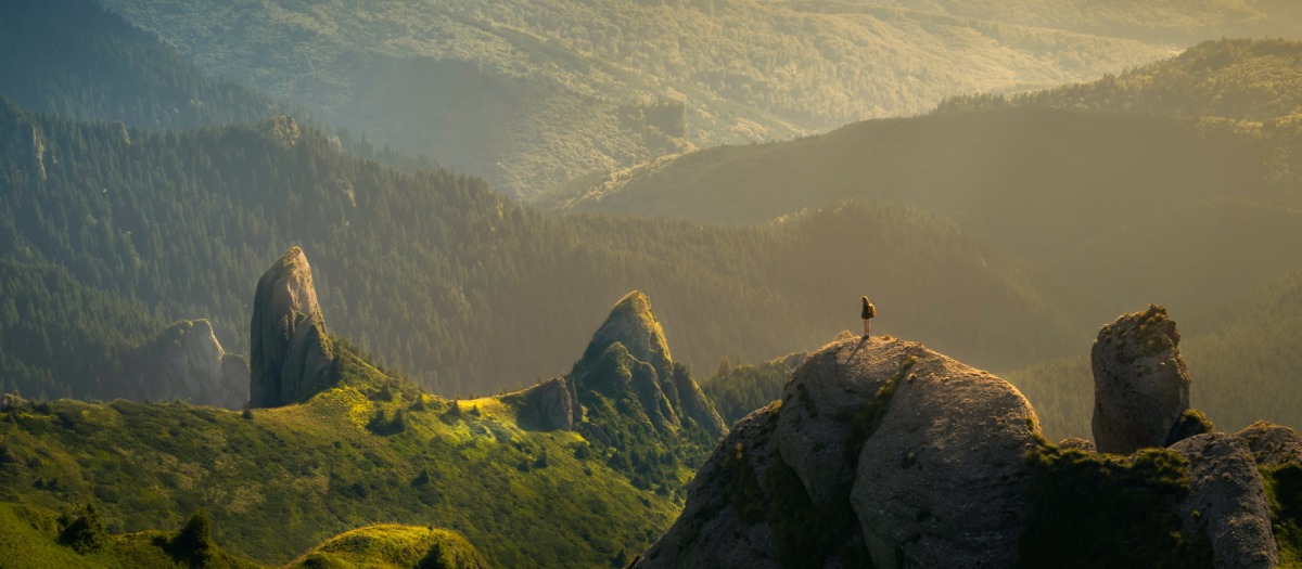 Hiker Looking Over Green Hills