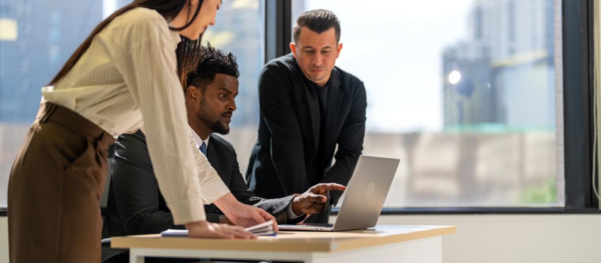 group of professionals looking at a laptop