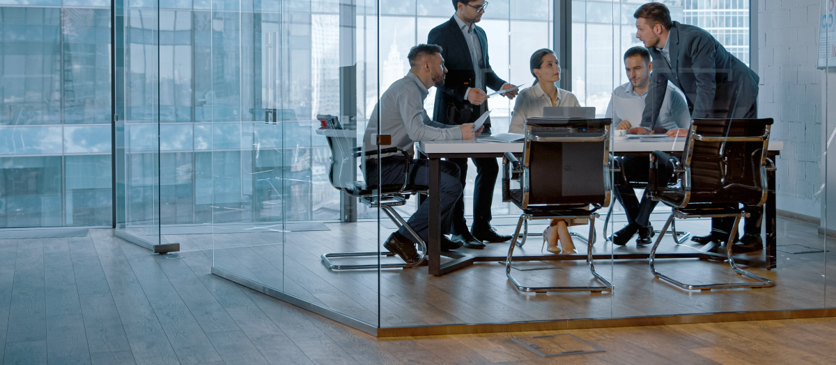 Young professionals have a discussion in a modern office conference room with glass walls