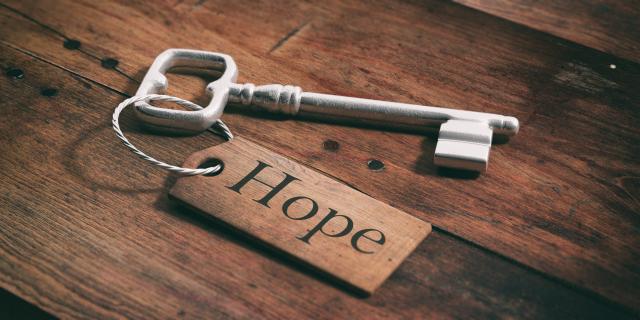 Old metal key with label hope on a wooden background. 3d illustration