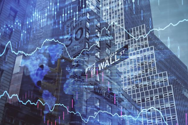 Forex chart on cityscape with tall buildings background multi exposure. Financial research concept.