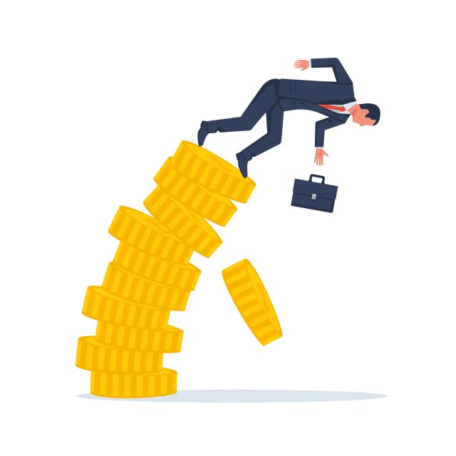 businessman-falls-from-a-stack-of-coins-financial-crisis-decrease-in-capital-falling-income-vector-illustration-flat-design-isolated-on-white-background-business-concept