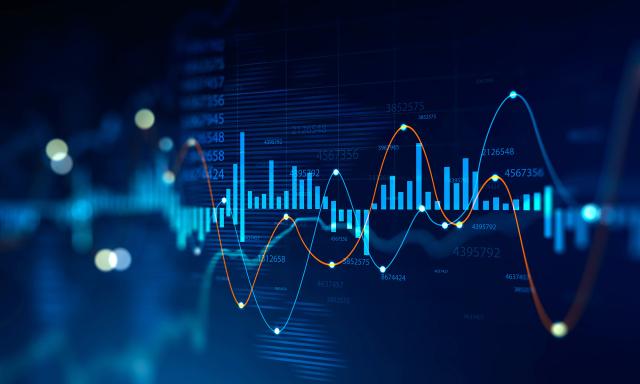 Futuristic HUD digital graph interface over blurry dark blue background. Concept of stock market and trading. 3d rendering double exposure