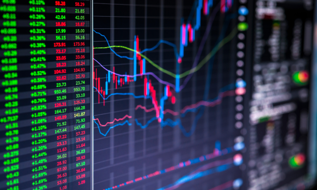 Stock market tickers and chart