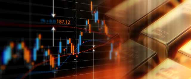 An image of a graph on the left representing stocks fading in to gold bars on the right.