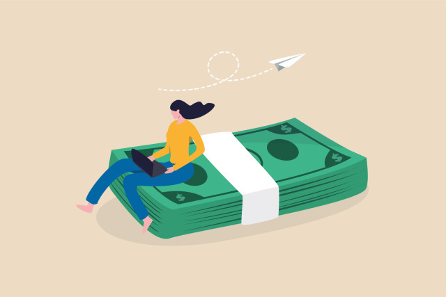 online-business-making-money-salary-or-multi-income-stream-side-hustle-or-side-gig-earning-investment-return-concept-young-woman-working-with-computer-laptop-sitting-on-heap-of-dollar-banknotes