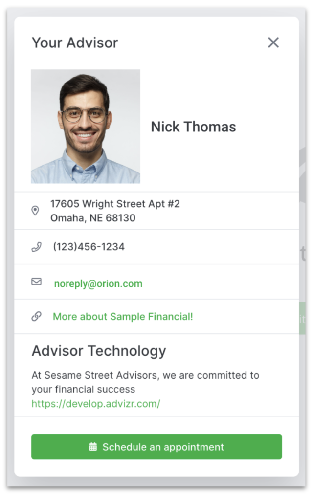 Preview of Customized Advisor Contact Information