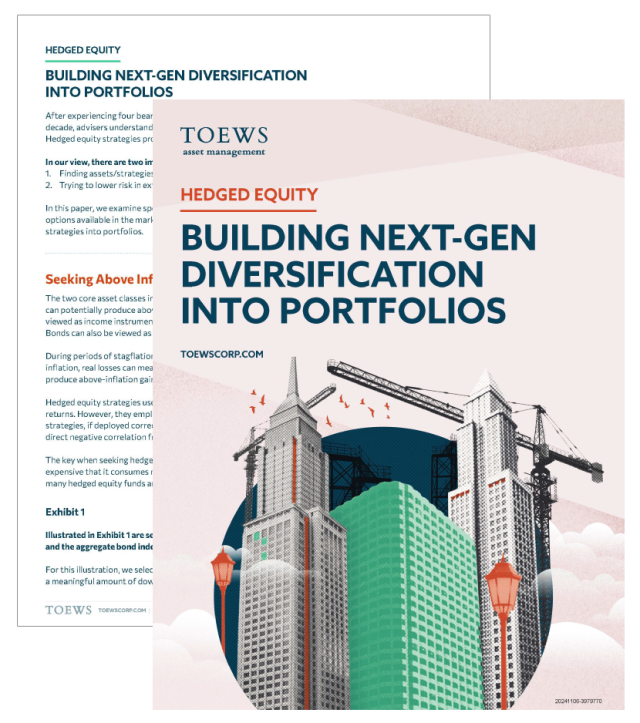 The cover page of the Hedged Equity whitepaper shows street lamps in the foreground and an image of skyscrapers with cranes in the background. It overlaps a page from the document.  