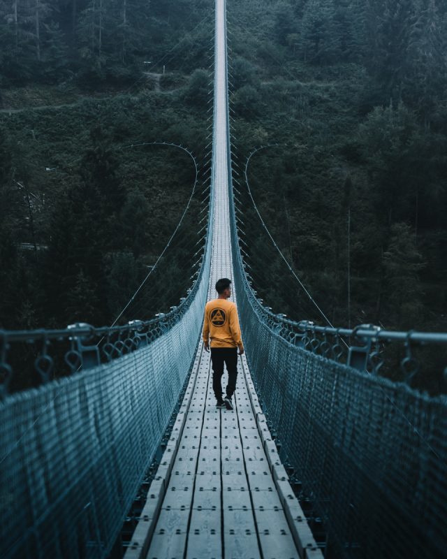 A man walks across a suspension bridge above a lush valley