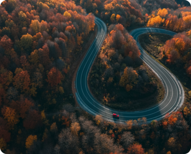 A bird's eye view of a red car driving along a winding road through a forest of trees in Autumn