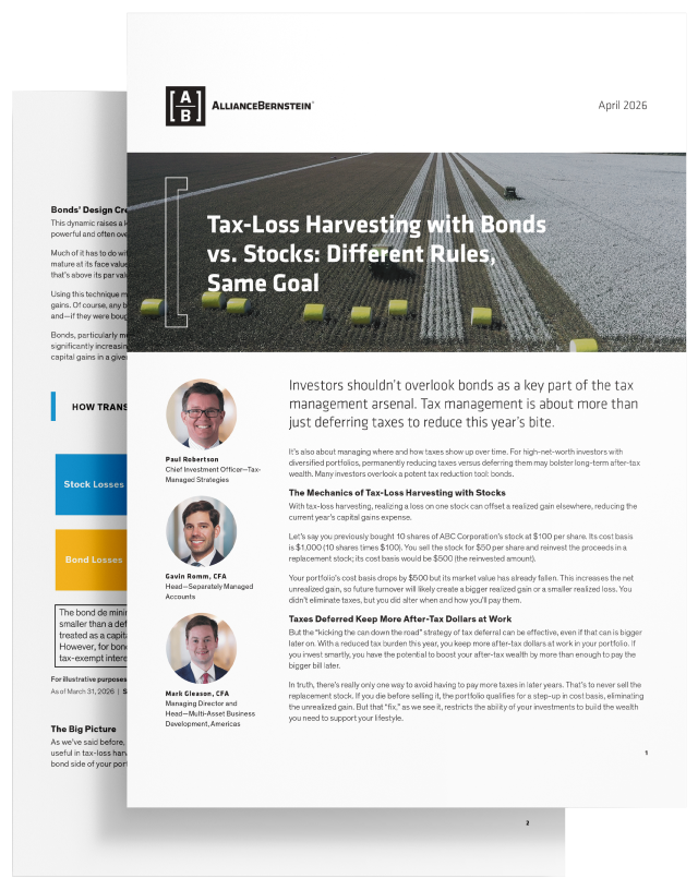 A mockup of an article titled "Tax-Loss Harvesting with Bonds vs. Stocks: Different Rules, Same Goal"