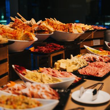 Elaborate buffet setup at an upscale bar