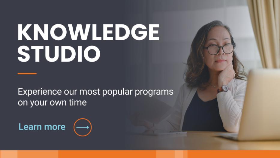 Graphic with the words Knowledge Studio showing a woman looking at a laptop